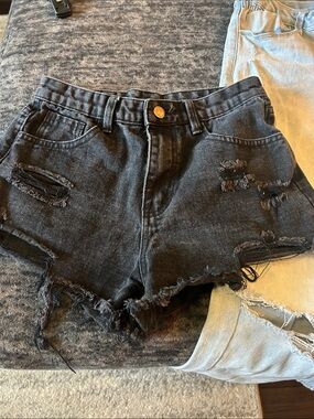 SHEIN Black Distressed High-Rise Denim Shorts